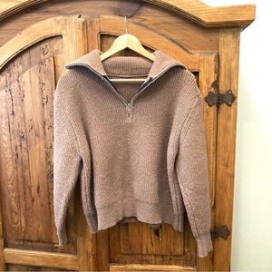 Brown 1/4 Zip Knit Sweater with Exaggerated Collar